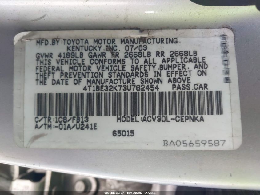 2003 Toyota Camry Le VIN: 4T1BE32K73U762454 Lot: 43955807