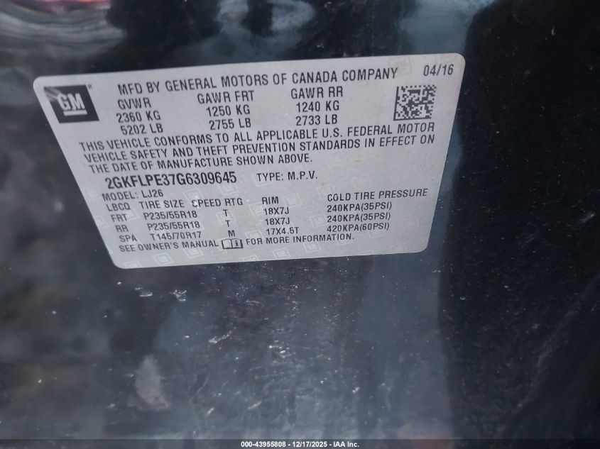 2016 GMC Terrain Slt VIN: 2GKFLPE37G6309645 Lot: 43955808