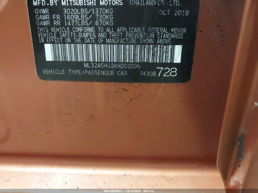 2019 Mitsubishi Mirage Le VIN: ML32A5HJ2KH002095 Lot: 43955811