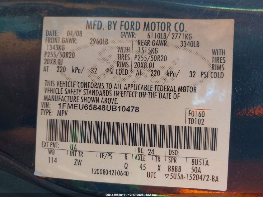 2008 Ford Explorer Limited VIN: 1FMEU65848UB10478 Lot: 43955813