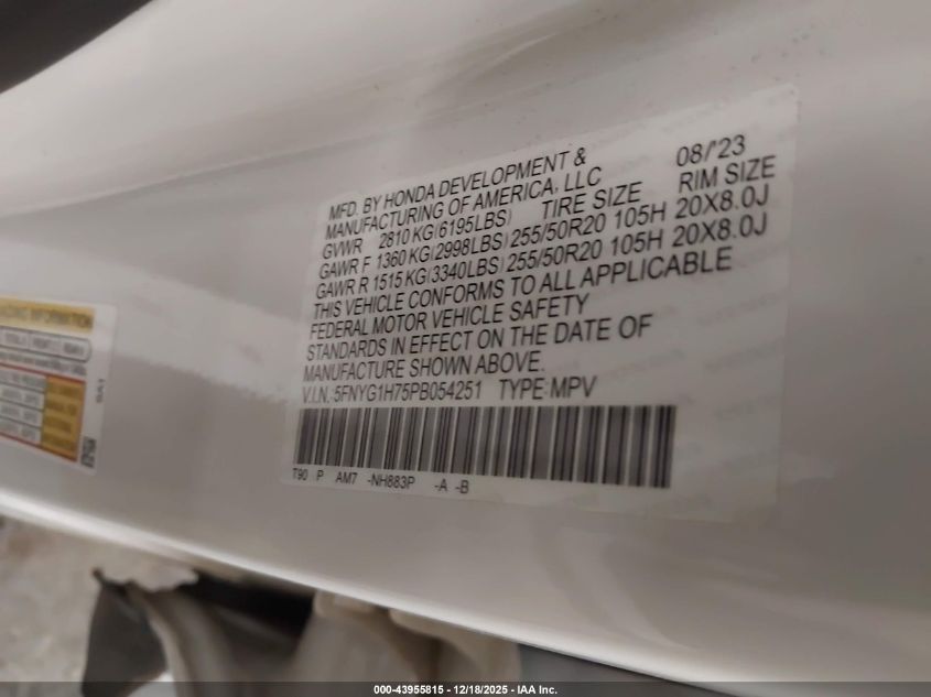 2023 Honda Pilot Awd Touring VIN: 5FNYG1H75PB054251 Lot: 43955815