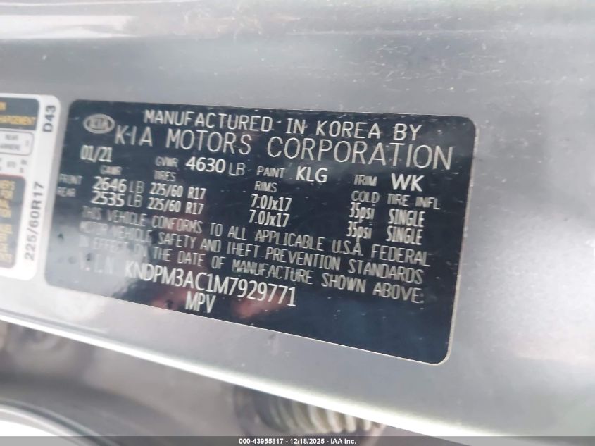 2021 Kia Sportage Lx VIN: KNDPM3AC1M7929771 Lot: 43955817
