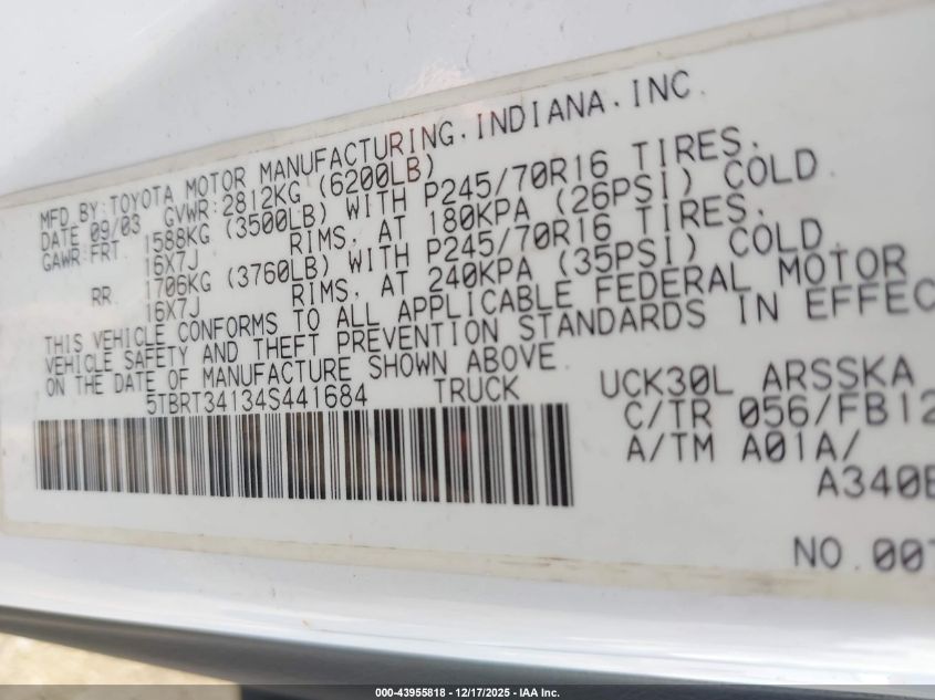 2004 Toyota Tundra Sr5 V8 VIN: 5TBRT34134S441684 Lot: 43955818