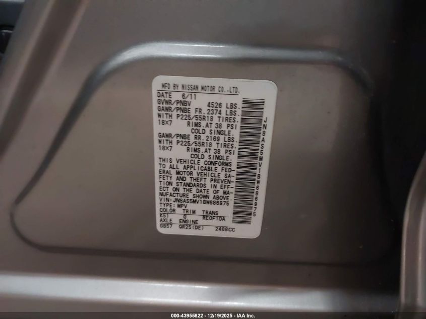 2011 Nissan Rogue Sv VIN: JN8AS5MV1BW686975 Lot: 43955822