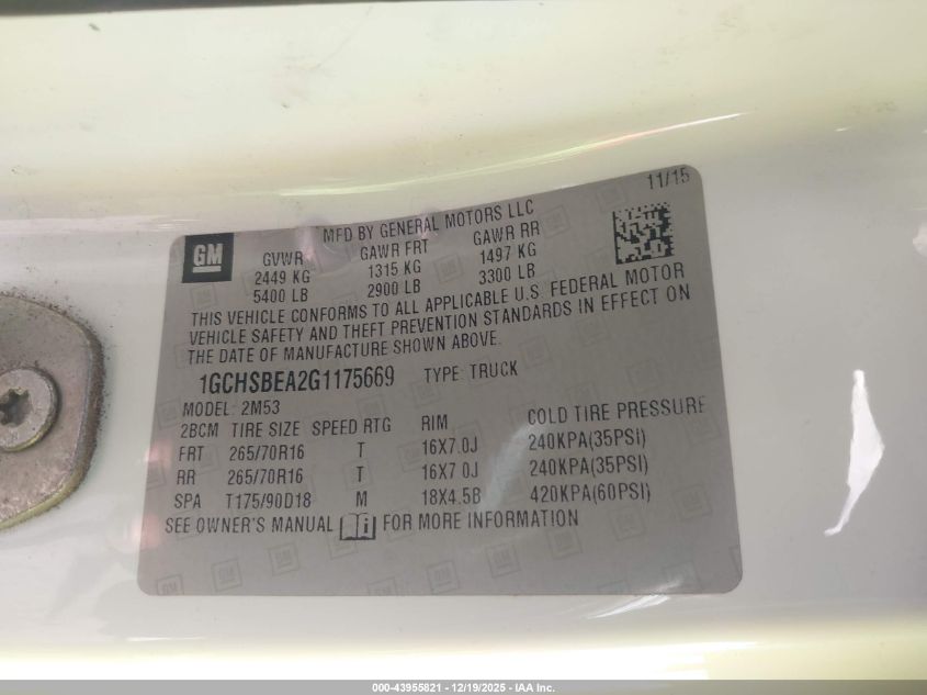 2016 Chevrolet Colorado Wt VIN: 1GCHSBEA2G1175669 Lot: 43955821