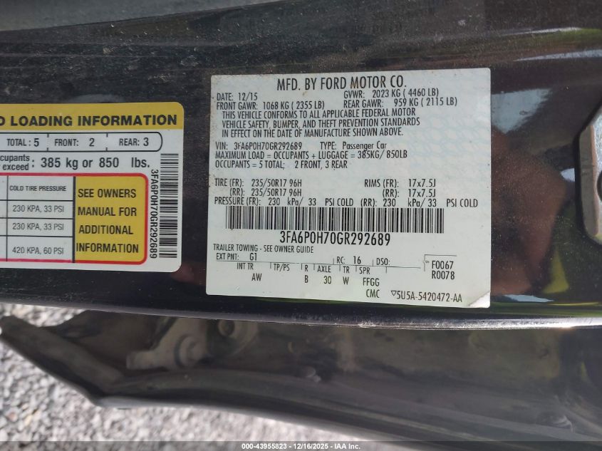 2016 Ford Fusion Se VIN: 3FA6P0H70GR292689 Lot: 43955823