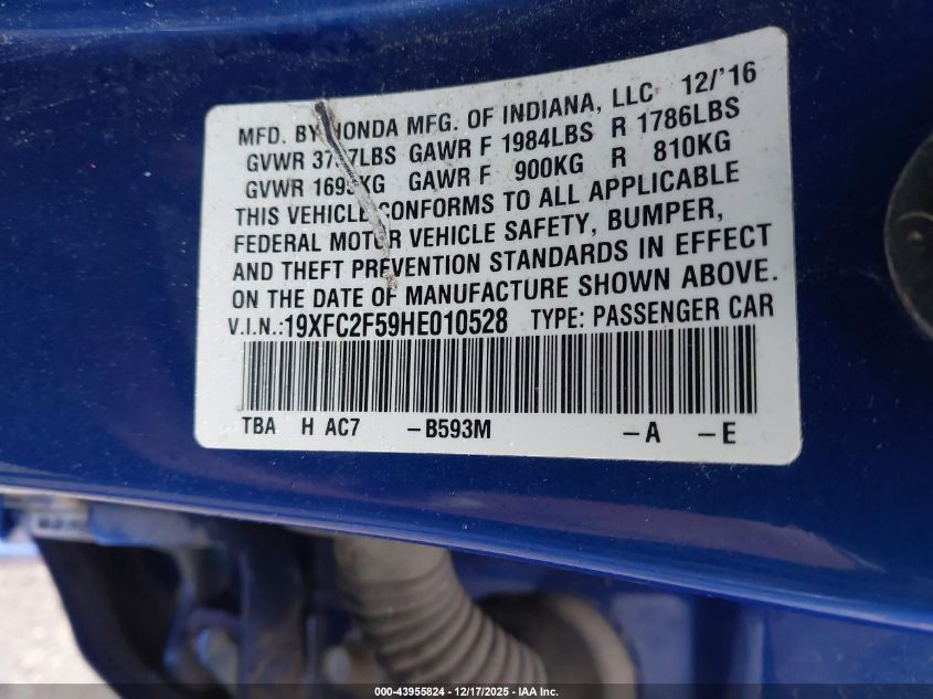 2017 Honda Civic Lx VIN: 19XFC2F59HE010528 Lot: 43955824