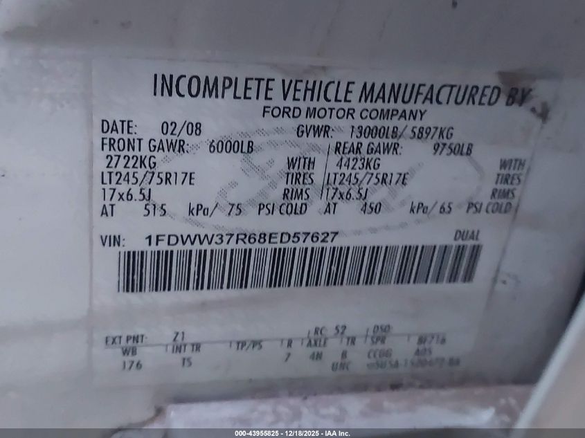 2008 Ford F-350 Chassis Lariat/Xl/Xlt VIN: 1FDWW37R68ED57627 Lot: 43955825