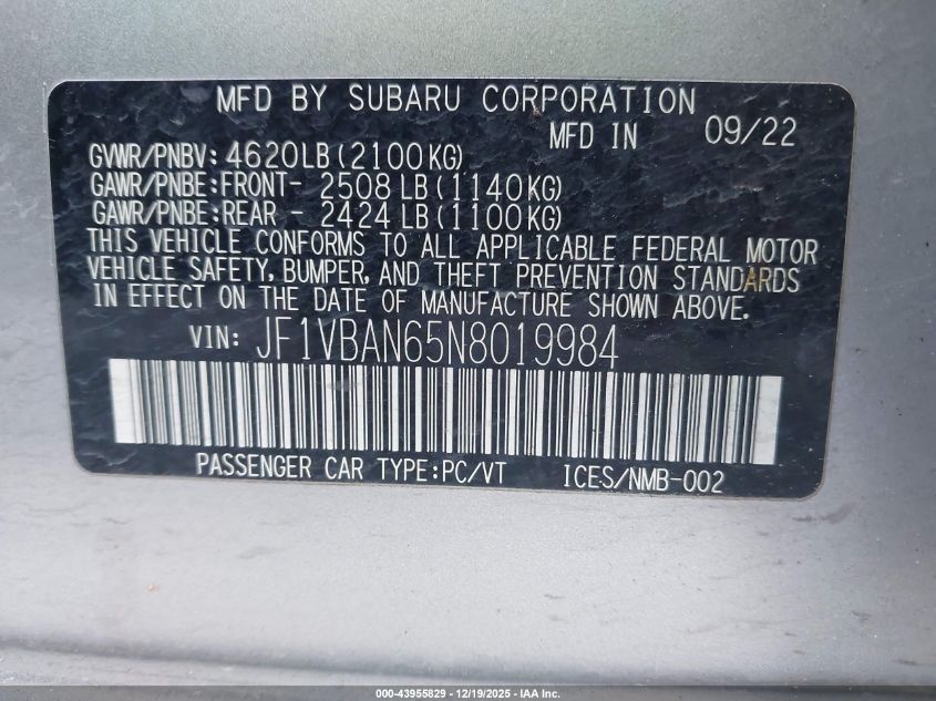 2022 Subaru Wrx Limited VIN: JF1VBAN65N8019984 Lot: 43955829