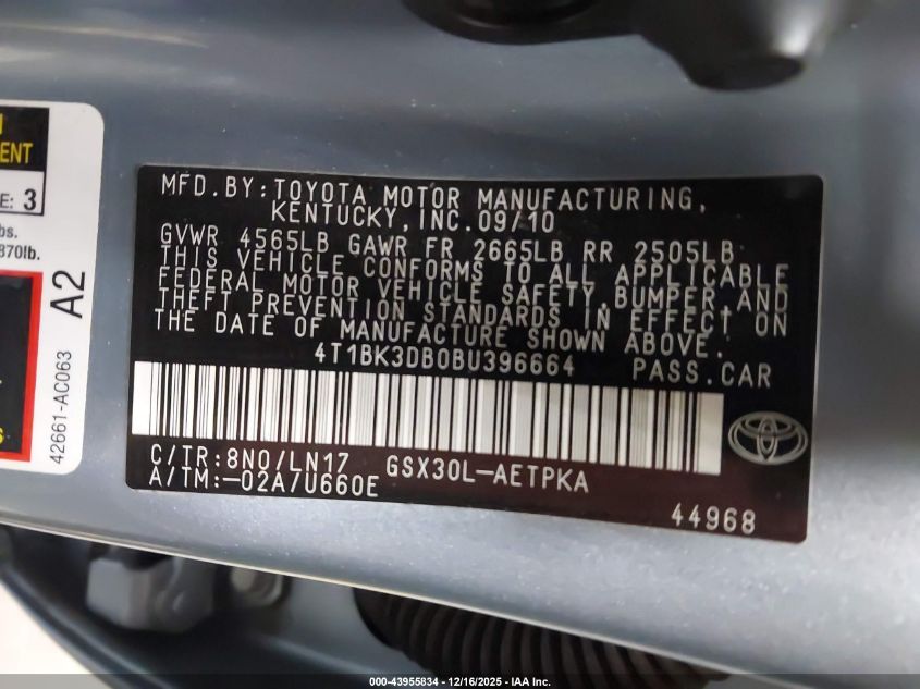 2011 Toyota Avalon Limited VIN: 4T1BK3DB0BU396664 Lot: 43955834