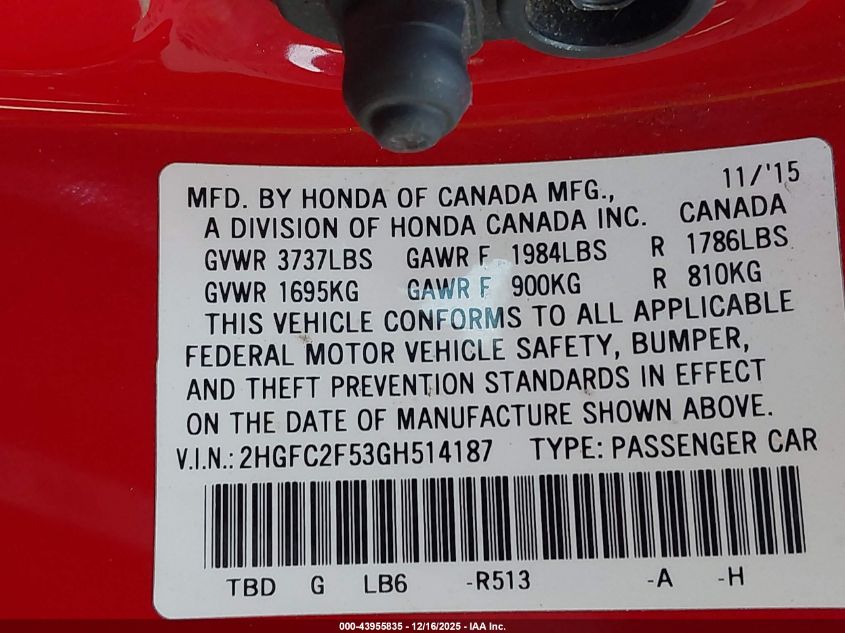 2016 Honda Civic Lx VIN: 2HGFC2F53GH514187 Lot: 43955835