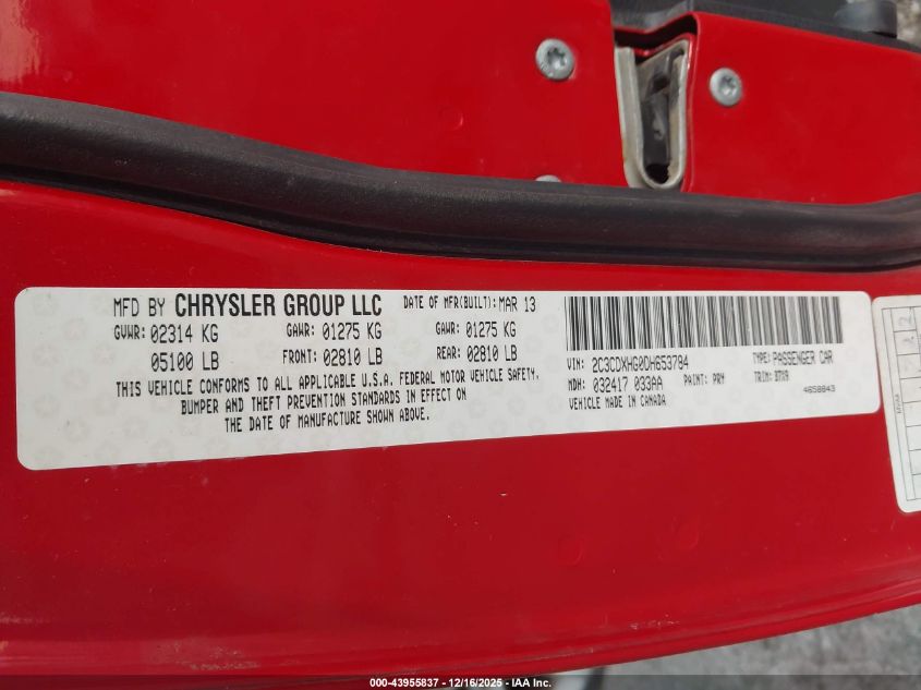 2013 Dodge Charger Sxt VIN: 2C3CDXHG0DH653784 Lot: 43955837