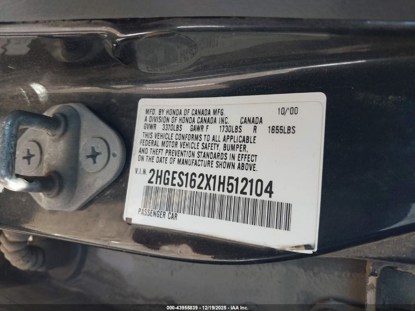 2001 Honda Civic Dx VIN: 2HGES162X1H512104 Lot: 43955839