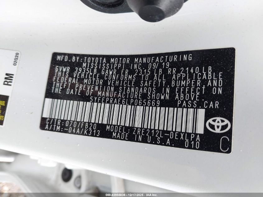 2020 Toyota Corolla Le VIN: 5YFEPRAE6LP065669 Lot: 43955836