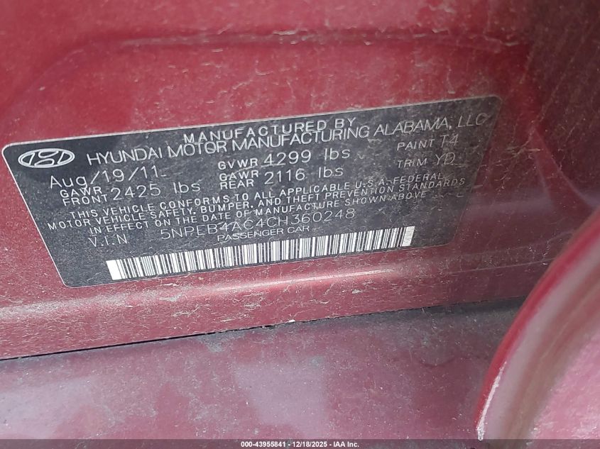 2012 Hyundai Sonata Gls VIN: 5NPEB4AC4CH360248 Lot: 43955841