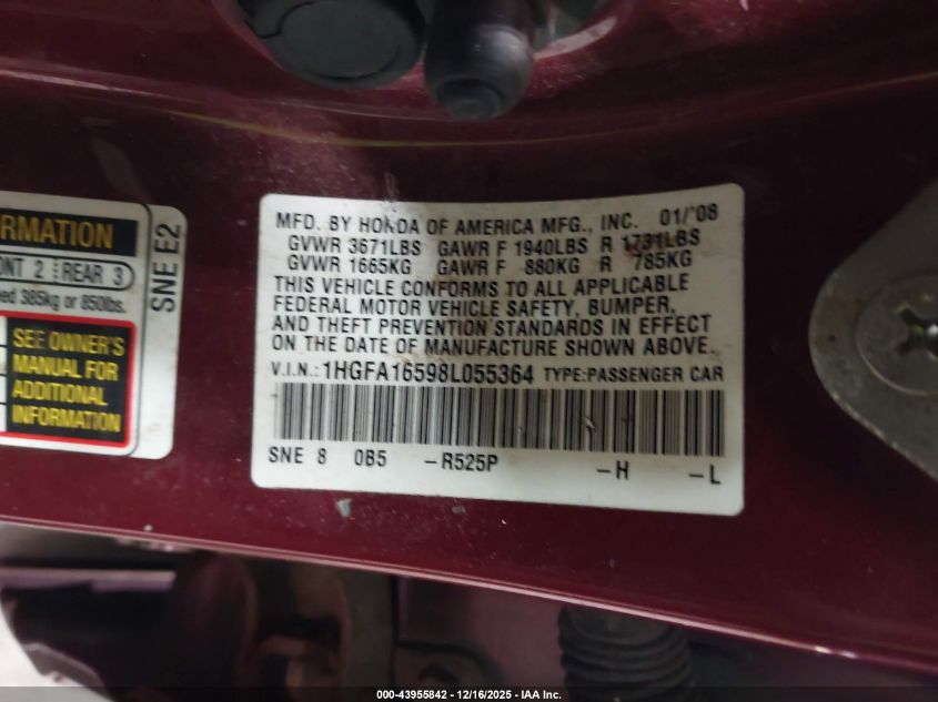2008 Honda Civic Lx VIN: 1HGFA16598L055364 Lot: 43955842