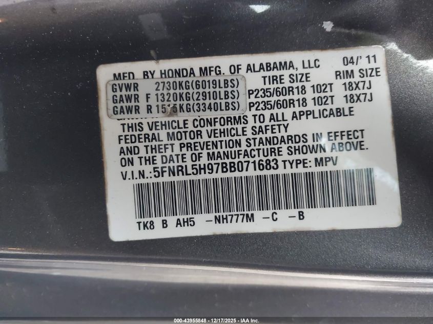 2011 Honda Odyssey Touring/Touring Elite VIN: 5FNRL5H97BB071683 Lot: 43955848