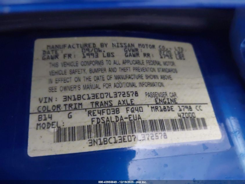 2007 Nissan Versa 1.8S VIN: 3N1BC13E07L372578 Lot: 43955849