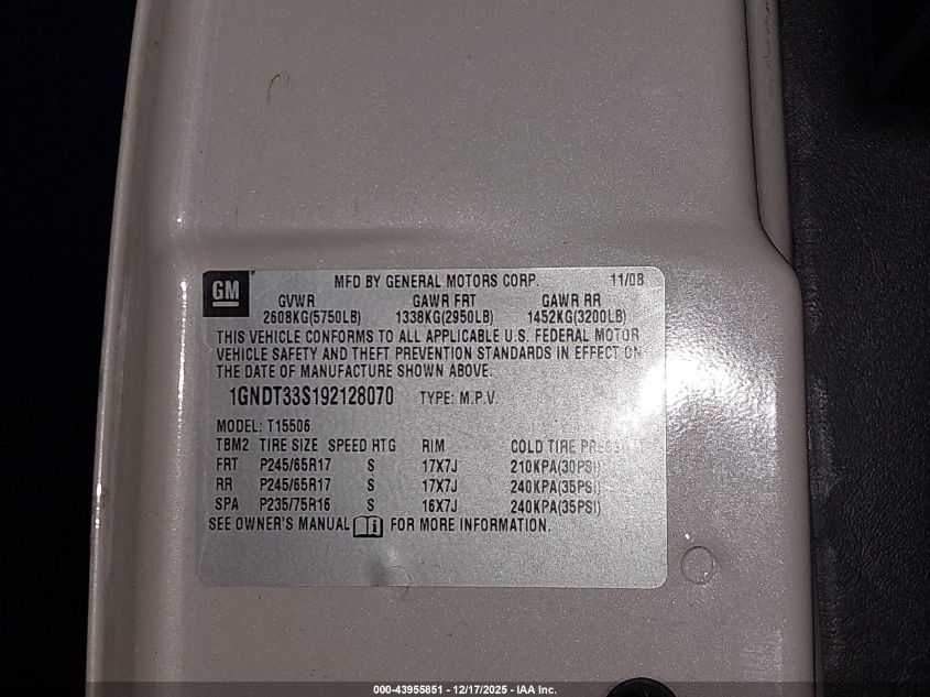 2009 Chevrolet Trailblazer Lt VIN: 1GNDT33S192128070 Lot: 43955851