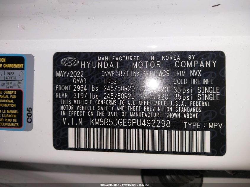 2023 Hyundai Palisade Limited VIN: KM8R5DGE9PU492298 Lot: 43955853