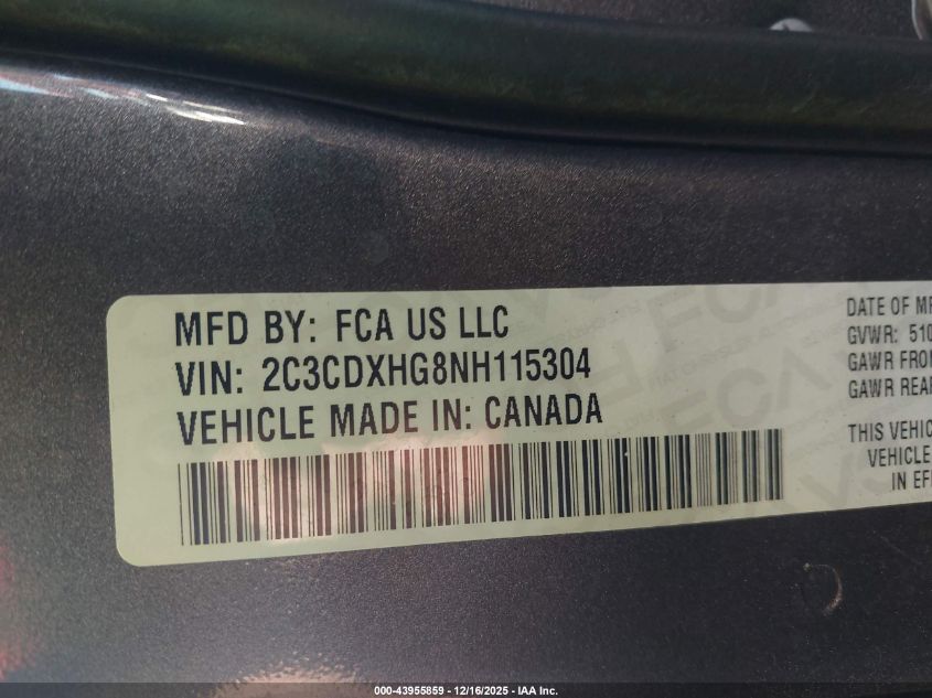 2022 Dodge Charger Gt Rwd VIN: 2C3CDXHG8NH115304 Lot: 43955859