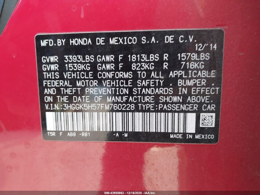 2015 Honda Fit Lx VIN: 3HGGK5H57FM760228 Lot: 43955862