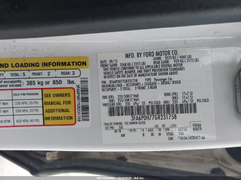 2016 Ford Fusion Se VIN: 3FA6P0H77GR231758 Lot: 43955863