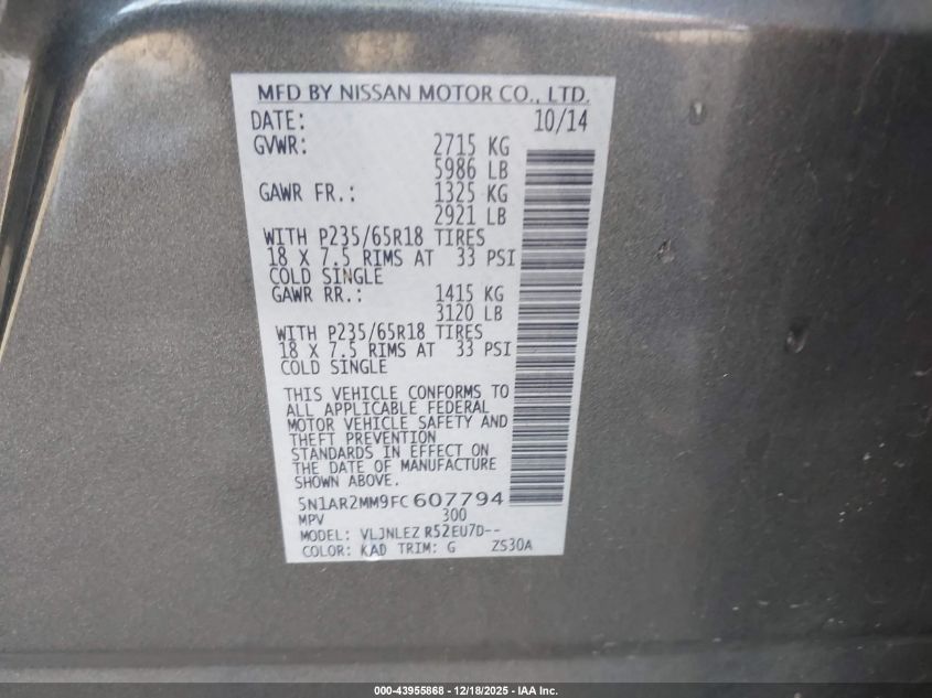 2015 Nissan Pathfinder Sv VIN: 5N1AR2MM9FC607794 Lot: 43955868