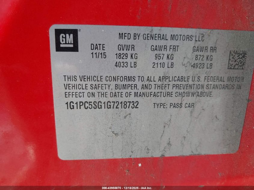2016 Chevrolet Cruze Limited Ls Auto VIN: 1G1PC5SG1G7218732 Lot: 43955870