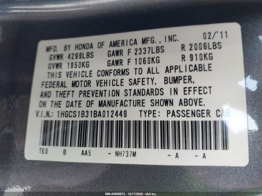 2011 Honda Accord 2.4 Lx-S VIN: 1HGCS1B31BA012449 Lot: 43955872
