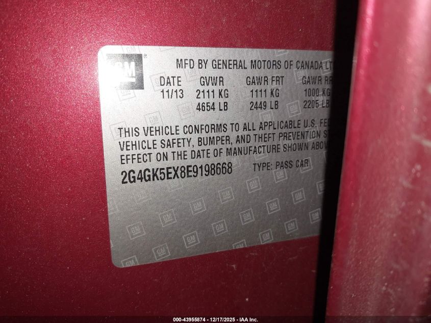 2014 Buick Regal Turbo VIN: 2G4GK5EX8E9198668 Lot: 43955874