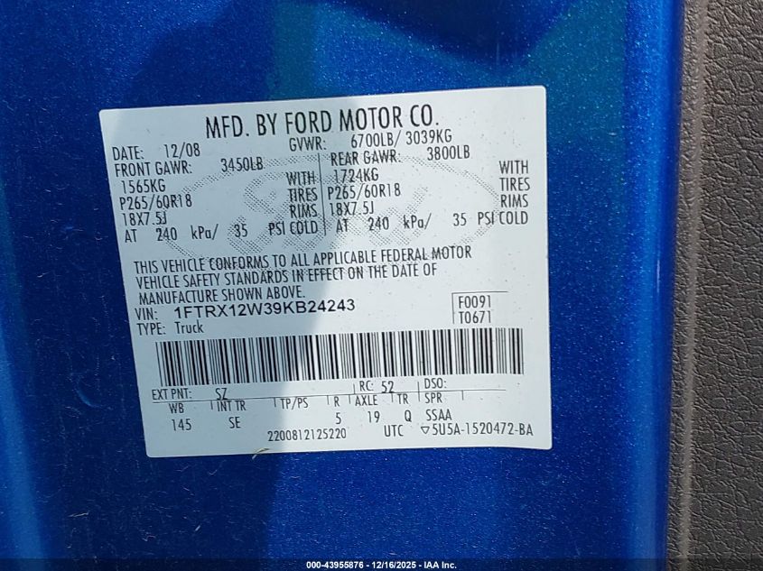 2009 Ford F-150 Stx/Xl VIN: 1FTRX12W39KB24243 Lot: 43955876