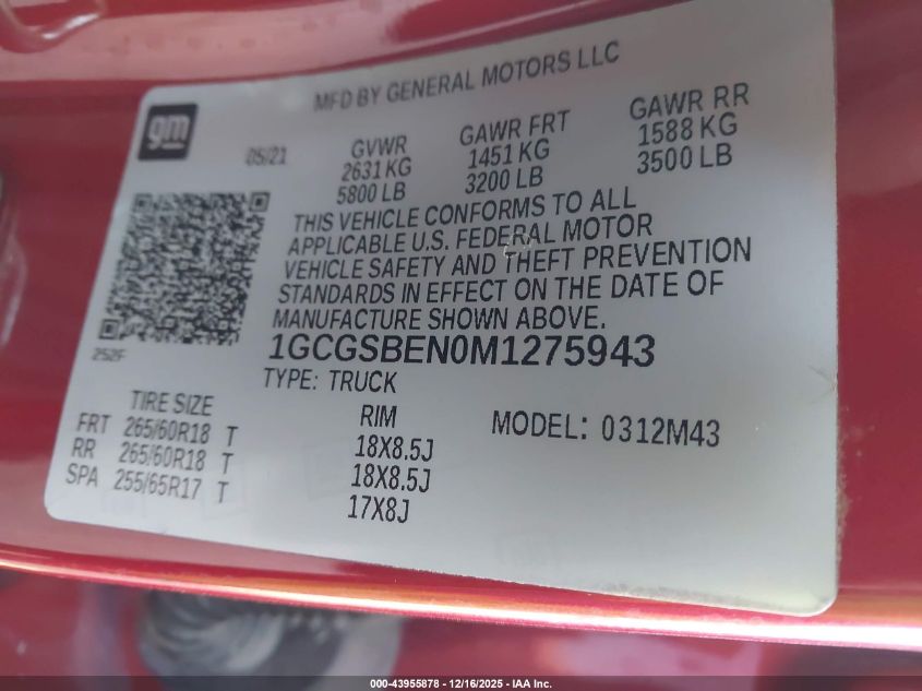 2021 Chevrolet Colorado 2Wd Short Box Wt VIN: 1GCGSBEN0M1275943 Lot: 43955878