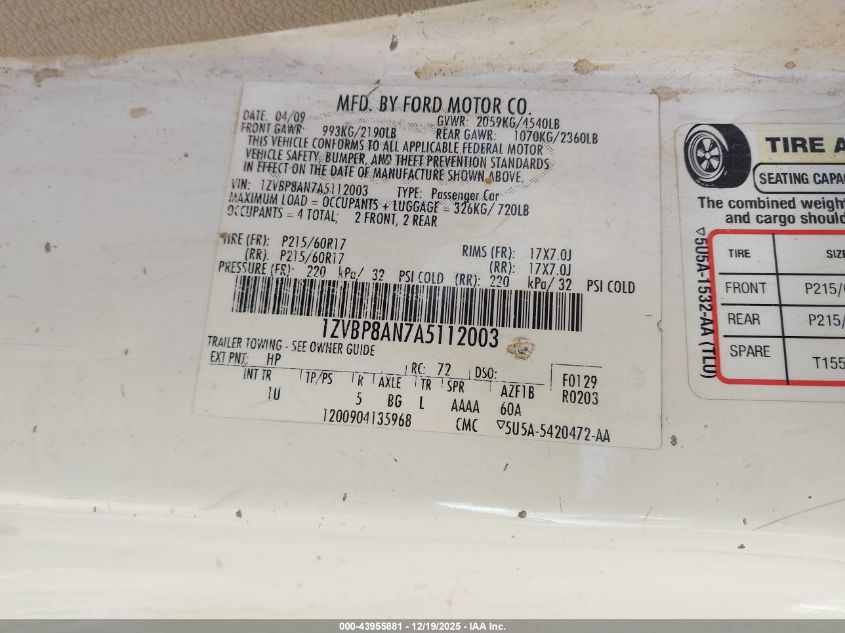 2010 Ford Mustang V6/V6 Premium VIN: 1ZVBP8AN7A5112003 Lot: 43955881