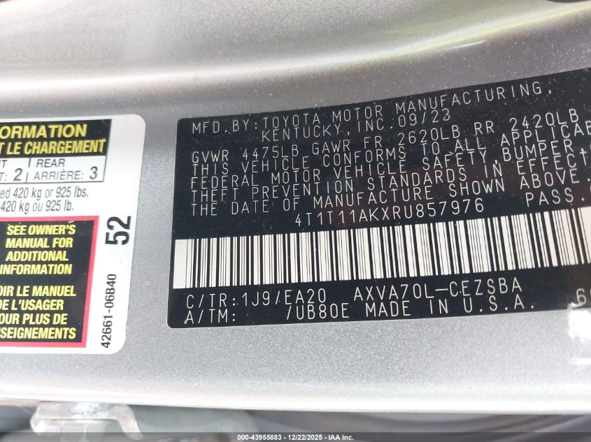 2024 Toyota Camry Se VIN: 4T1T11AKXRU857976 Lot: 43955883