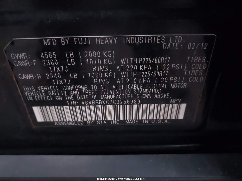 2012 Subaru Outback 2.5I Limited VIN: 4S4BRBKC7C3256989 Lot: 43955888