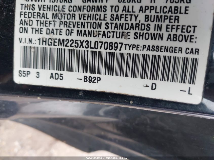 2003 Honda Civic Lx VIN: 1HGEM225X3L070897 Lot: 43955891