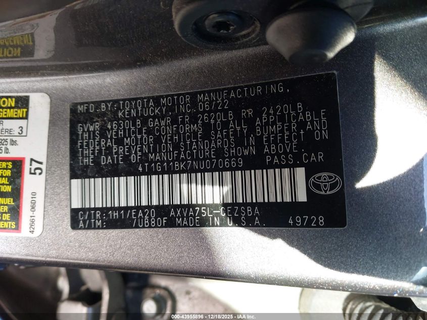 2022 Toyota Camry Se Awd VIN: 4T1G11BK7NU070669 Lot: 43955896