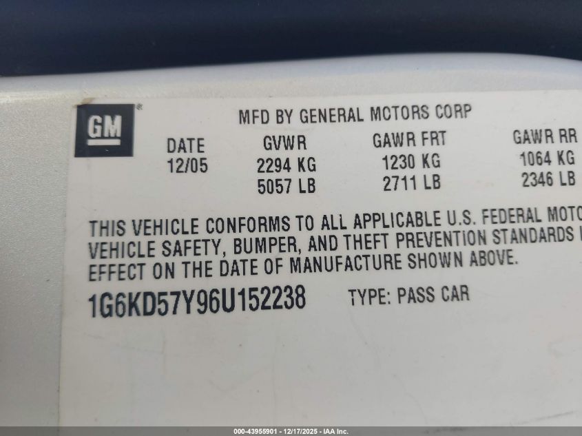 2006 Cadillac Dts Standard VIN: 1G6KD57Y96U152238 Lot: 43955901