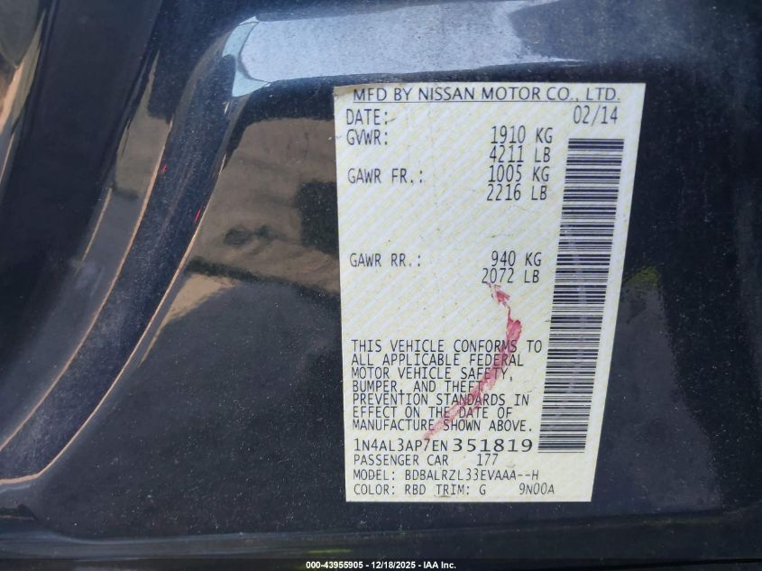 2014 Nissan Altima 2.5 S VIN: 1N4AL3AP7EN351819 Lot: 43955905