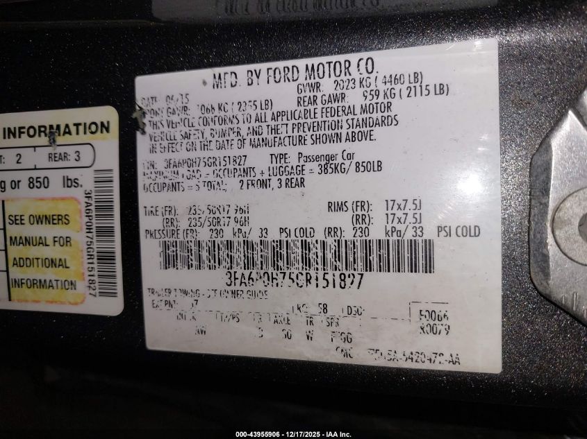 2016 Ford Fusion Se VIN: 3FA6P0H75GR151827 Lot: 43955906