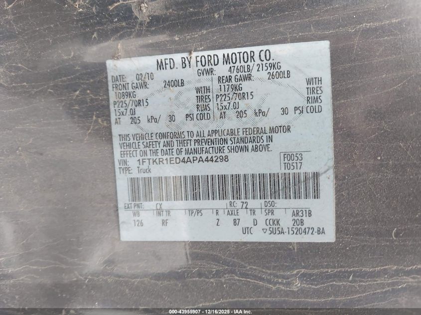 2010 Ford Ranger Xl/Xlt VIN: 1FTKR1ED4APA44298 Lot: 43955907