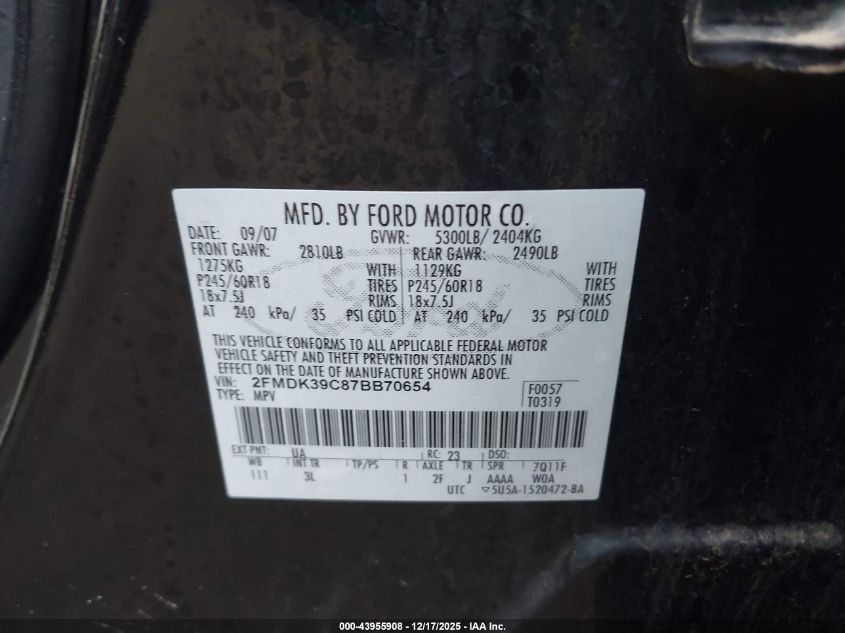 2007 Ford Edge Sel Plus VIN: 2FMDK39C87BB70654 Lot: 43955908