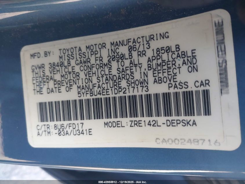 2013 Toyota Corolla S VIN: 5YFBU4EE1DP217173 Lot: 43955912