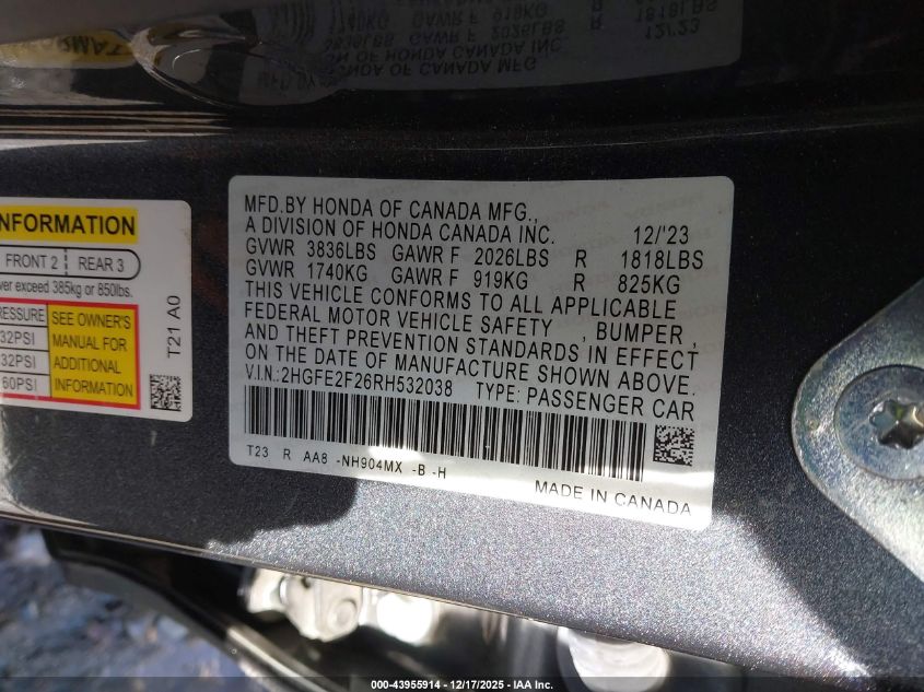 2024 Honda Civic Lx VIN: 2HGFE2F26RH532038 Lot: 43955914