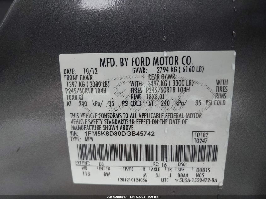 2013 Ford Explorer Xlt VIN: 1FM5K8D80DGB45742 Lot: 43955917