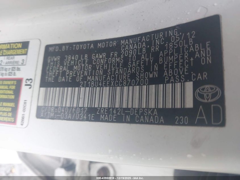 2012 Toyota Corolla S VIN: 2T1BU4EEXCC870700 Lot: 43955918