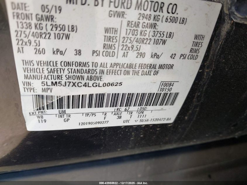 2020 Lincoln Aviator Reserve VIN: 5LM5J7XC4LGL00625 Lot: 43955922