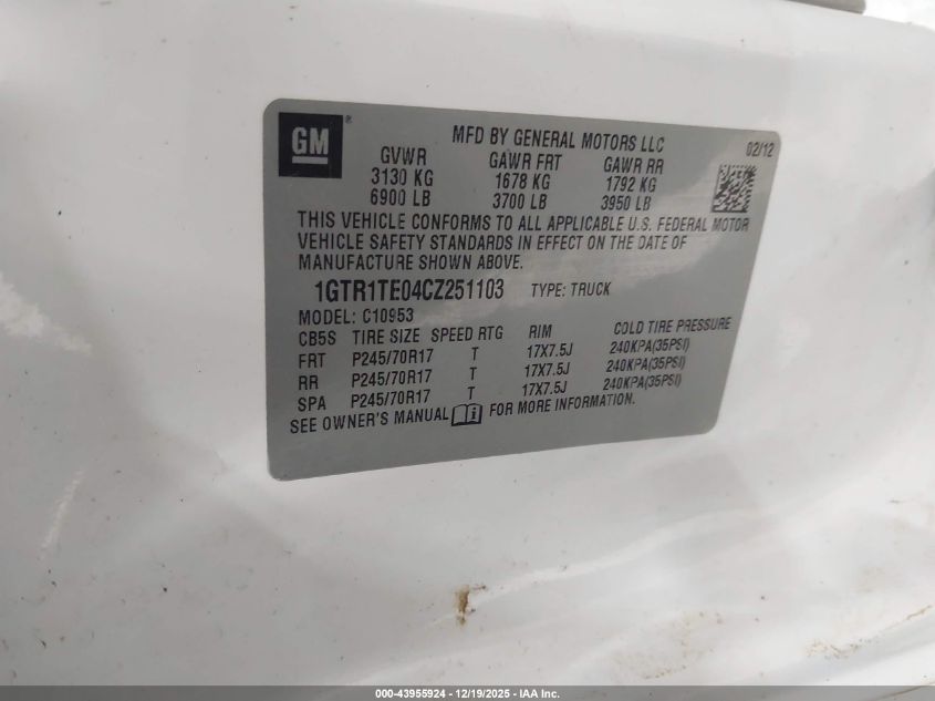 2012 GMC Sierra 1500 Work Truck VIN: 1GTR1TE04CZ251103 Lot: 43955924