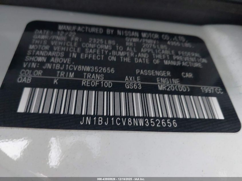 2022 Nissan Rogue Sport Sl Fwd Xtronic Cvt VIN: JN1BJ1CV8NW352656 Lot: 43955926